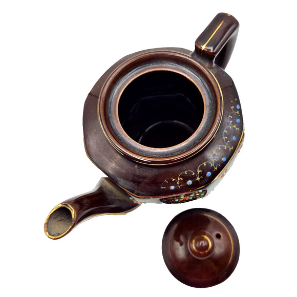 Vtg Hand Painted Teapot Redware Japan Moriage Brown Orange Blue Gold Trim 6.5x8 - Picture 10 of 14